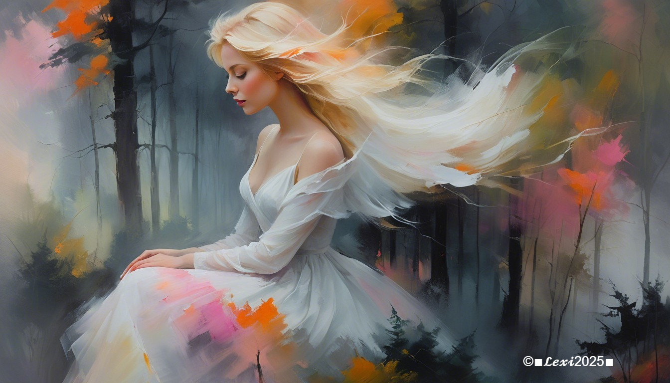 Serene Woman in Ethereal Dress in Misty Forest