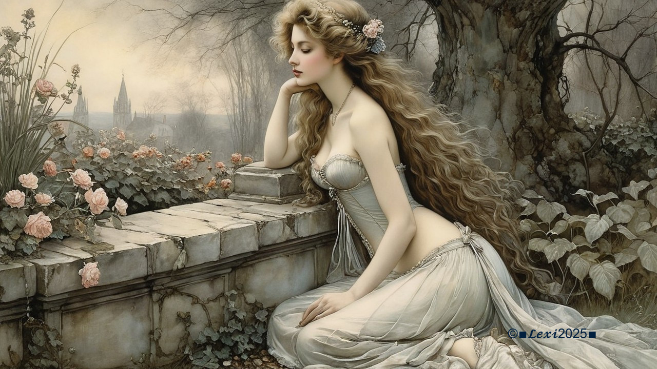 Ethereal Woman by Stone Wall with Blooming Roses