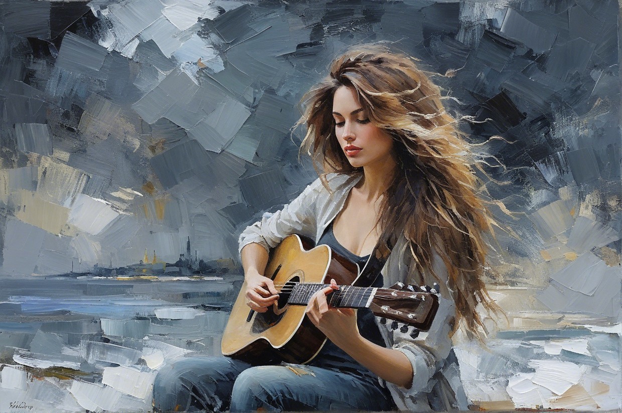 Impasto Painting of a Young Woman Playing Guitar