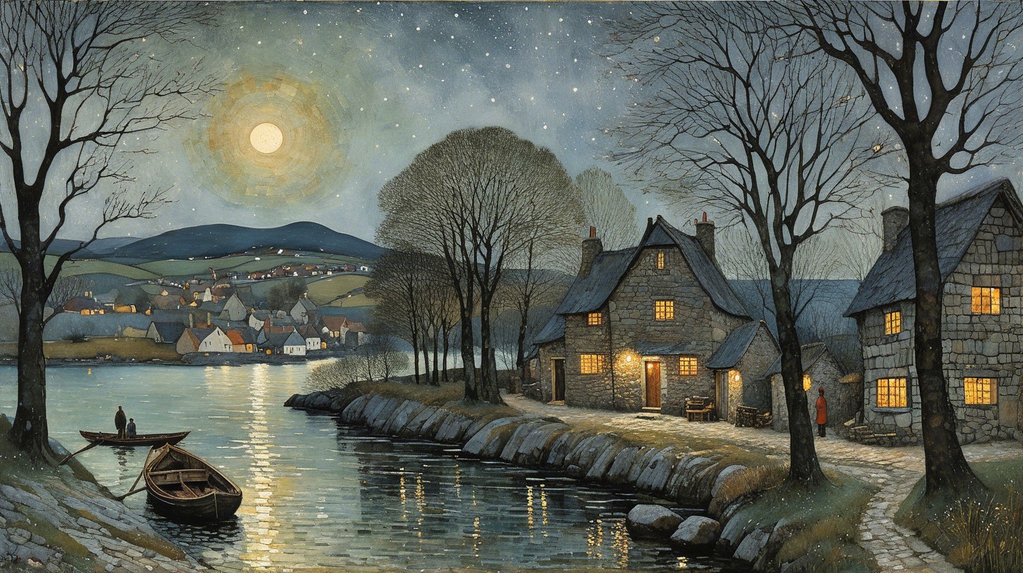 Watercolor Painting of a Serene Fishing Village at Night