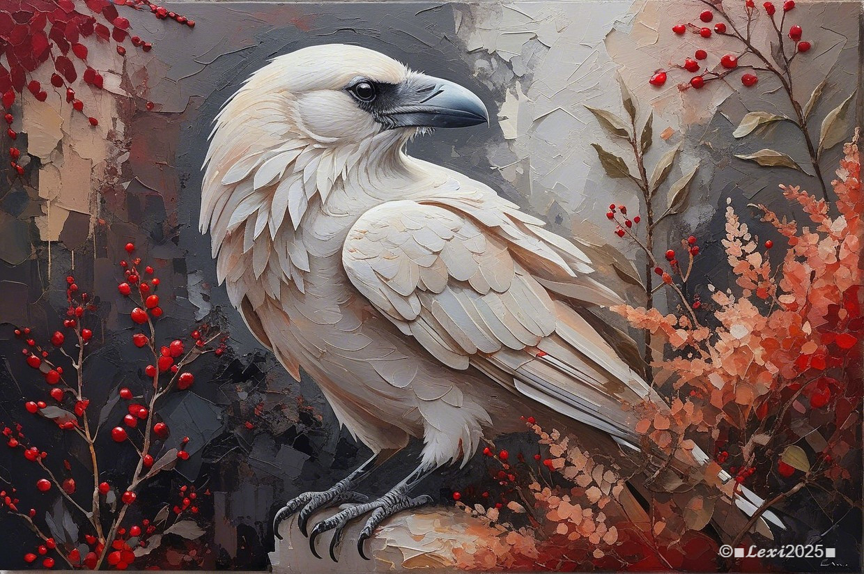 Stylized Bird with White Plumage and Vibrant Berries