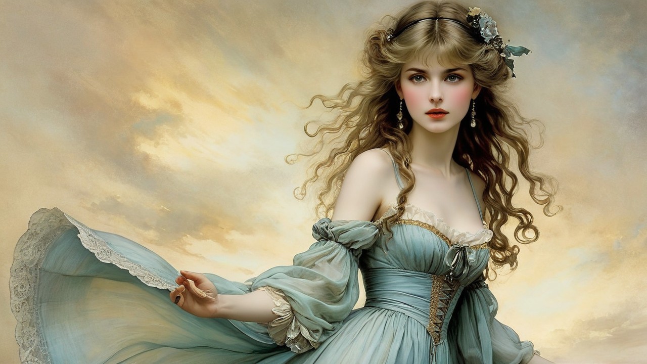 Young Woman in Floral Adornments and Blue Dress