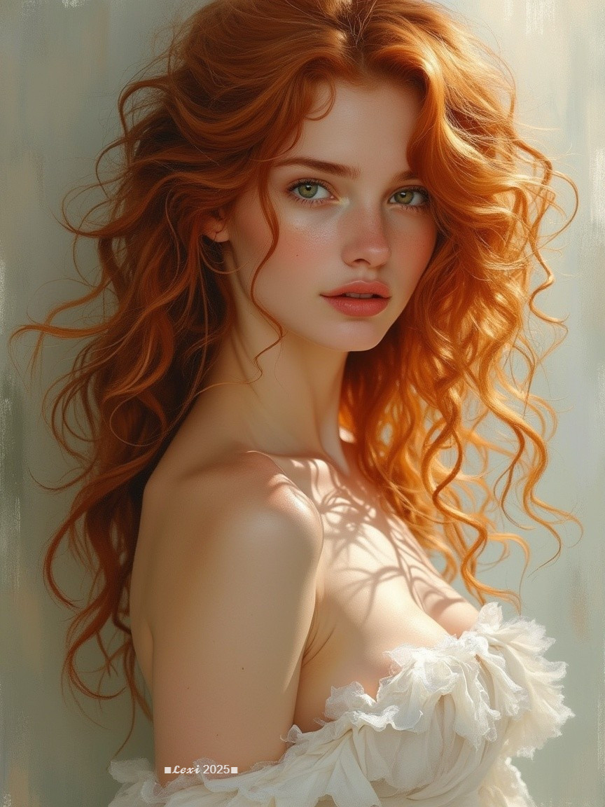 Young woman with wavy red hair and green eyes