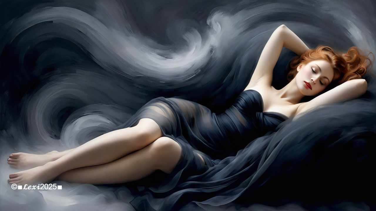 Serene Woman in Translucent Dress on Dark Backdrop