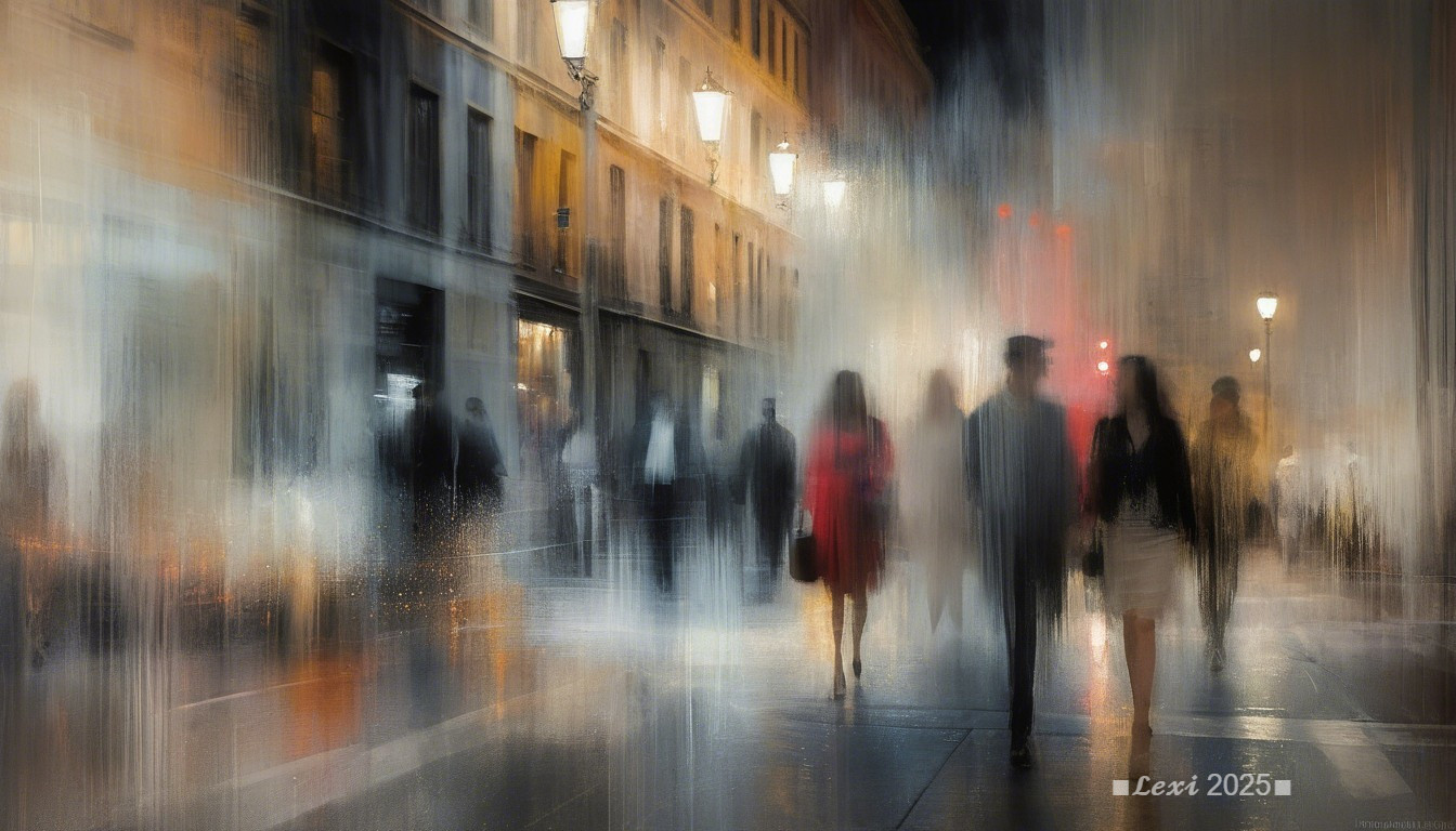 Blurred Urban Scene with Silhouettes and Street Lamps
