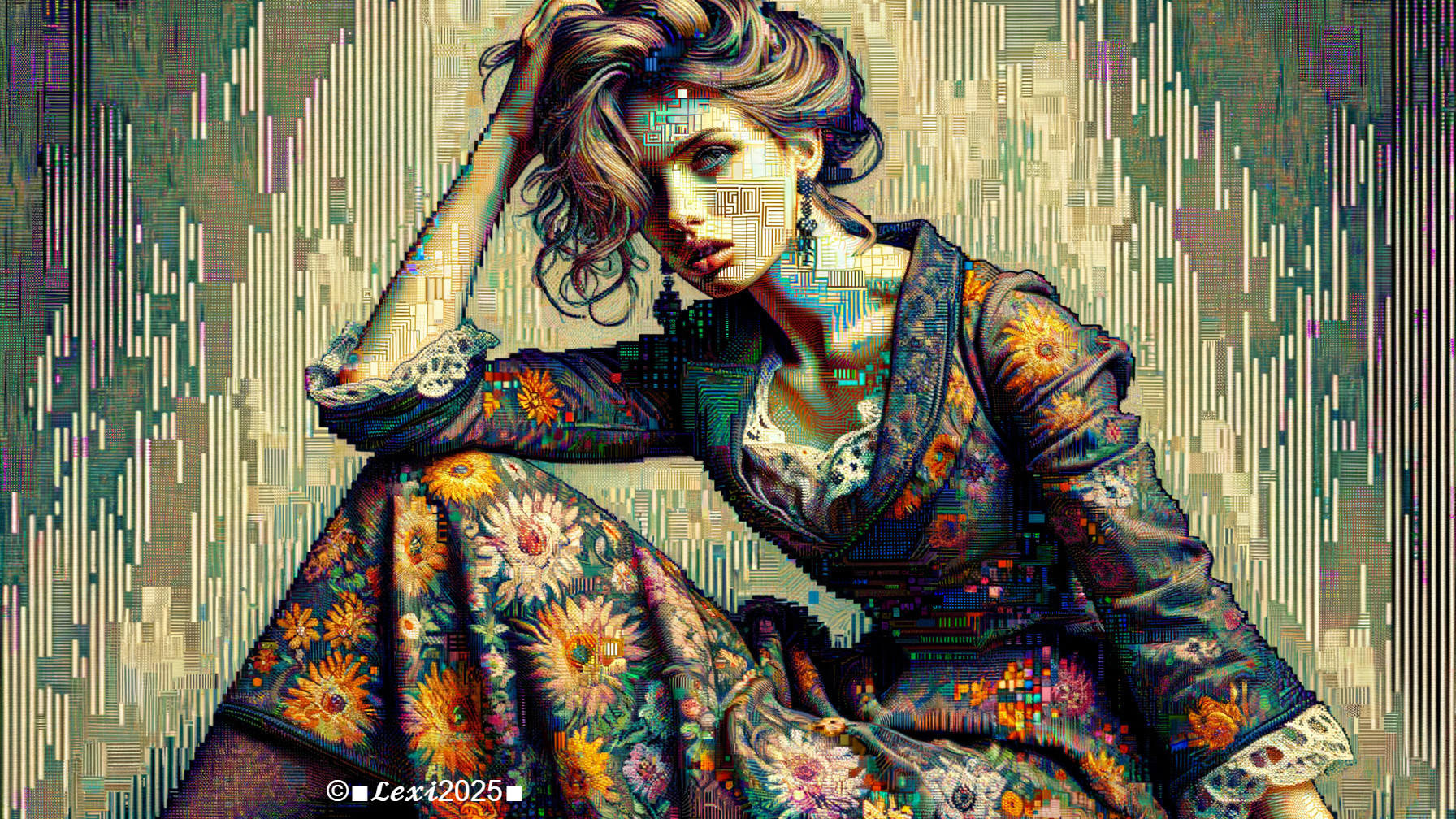 Woman in Floral Dress with Wavy Hair and Pixelated Background