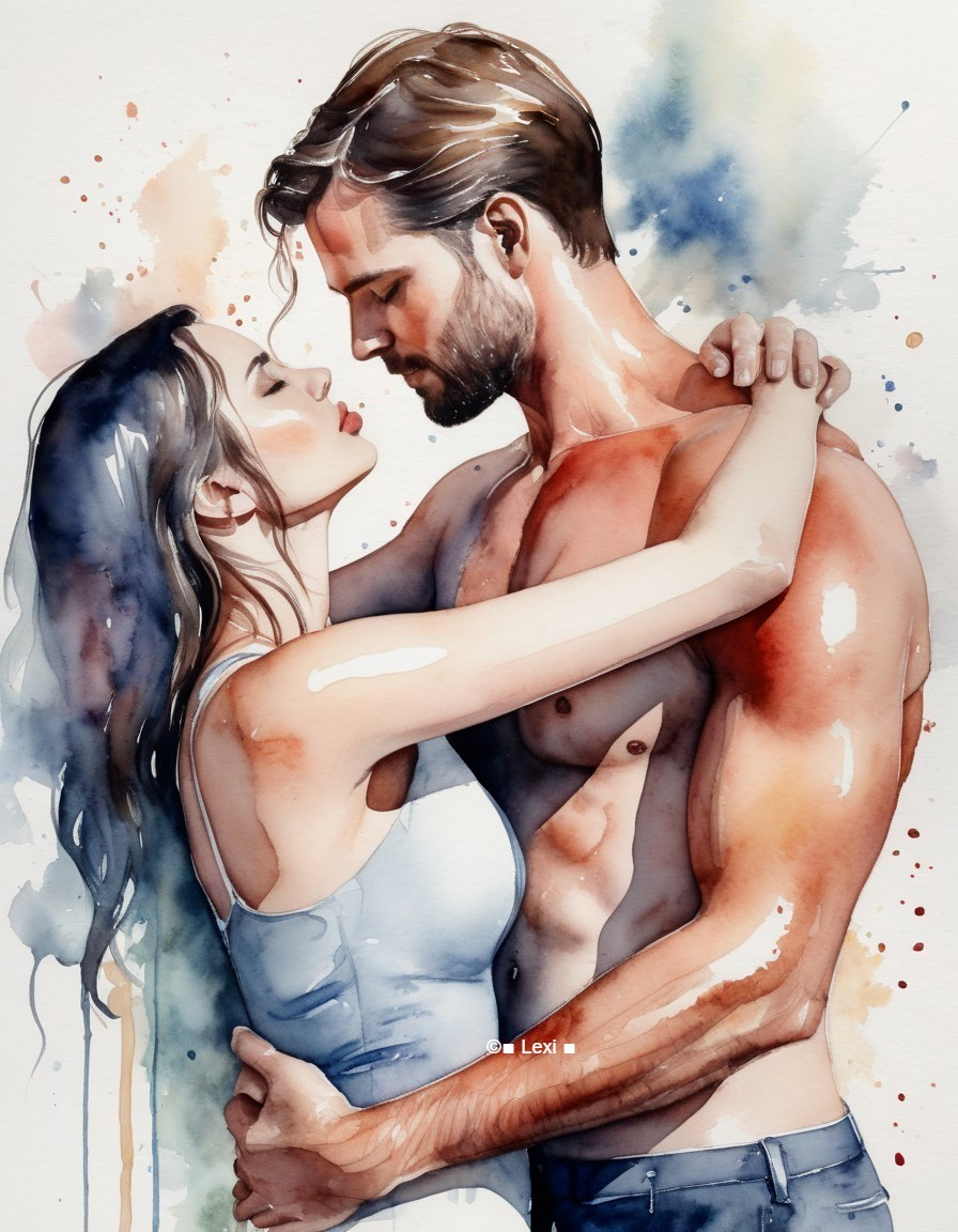 Watercolor Painting of a Couple in Intimate Embrace