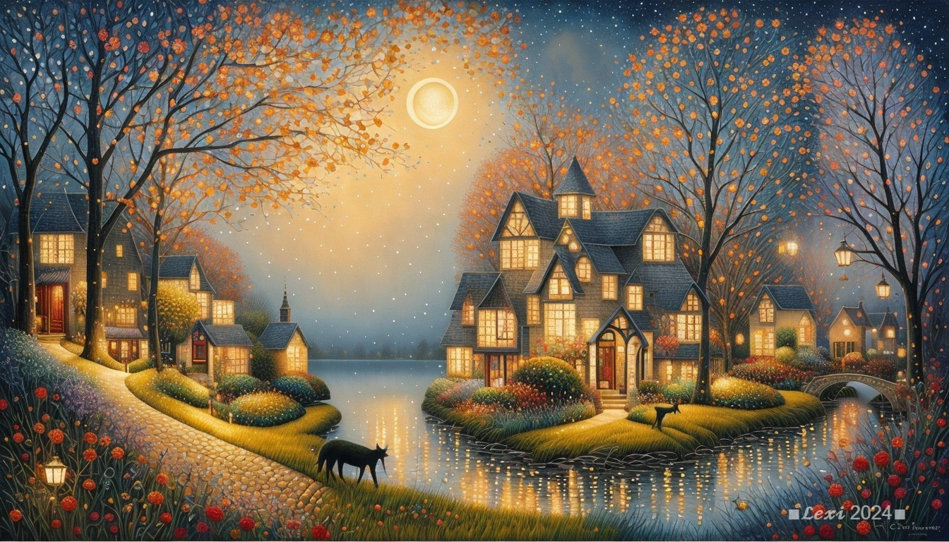 Nighttime Village Scene by a River with Autumn Colors