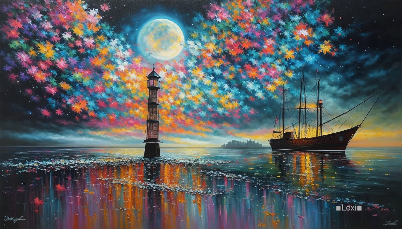 Lighthouse and Sailing Ship Under Starry Sky Painting