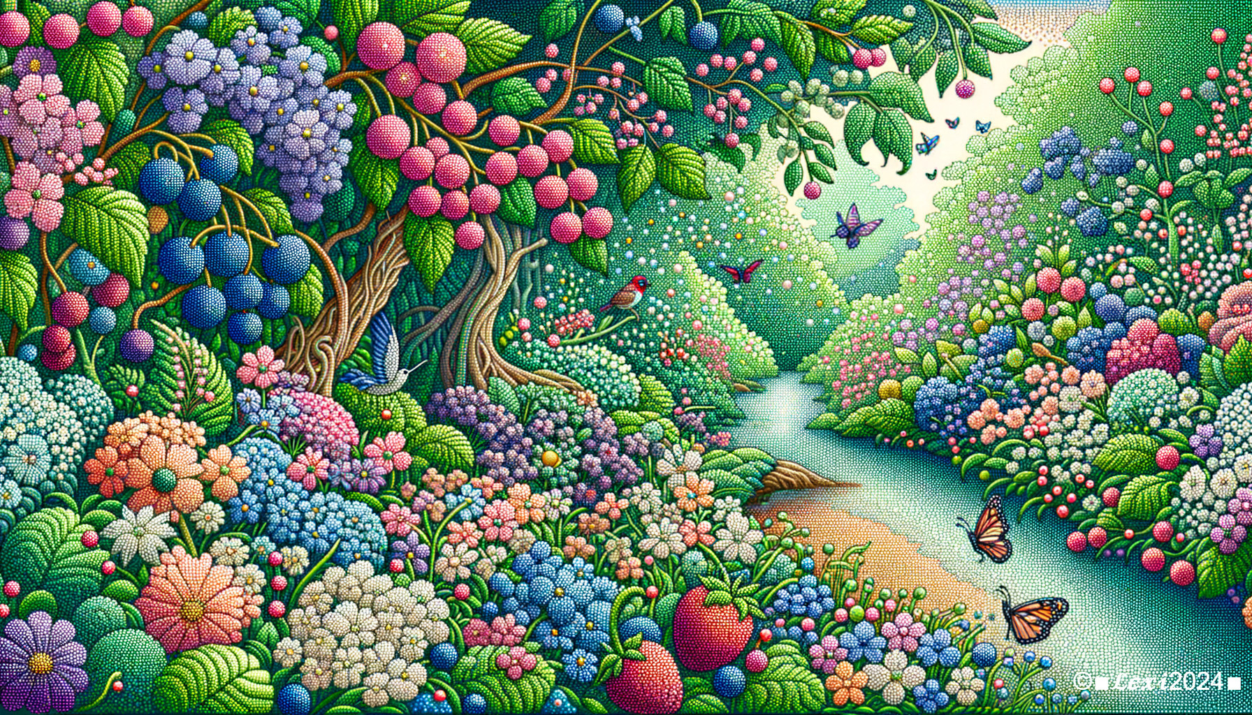 Vibrant Garden Landscape with Flowers and Wildlife