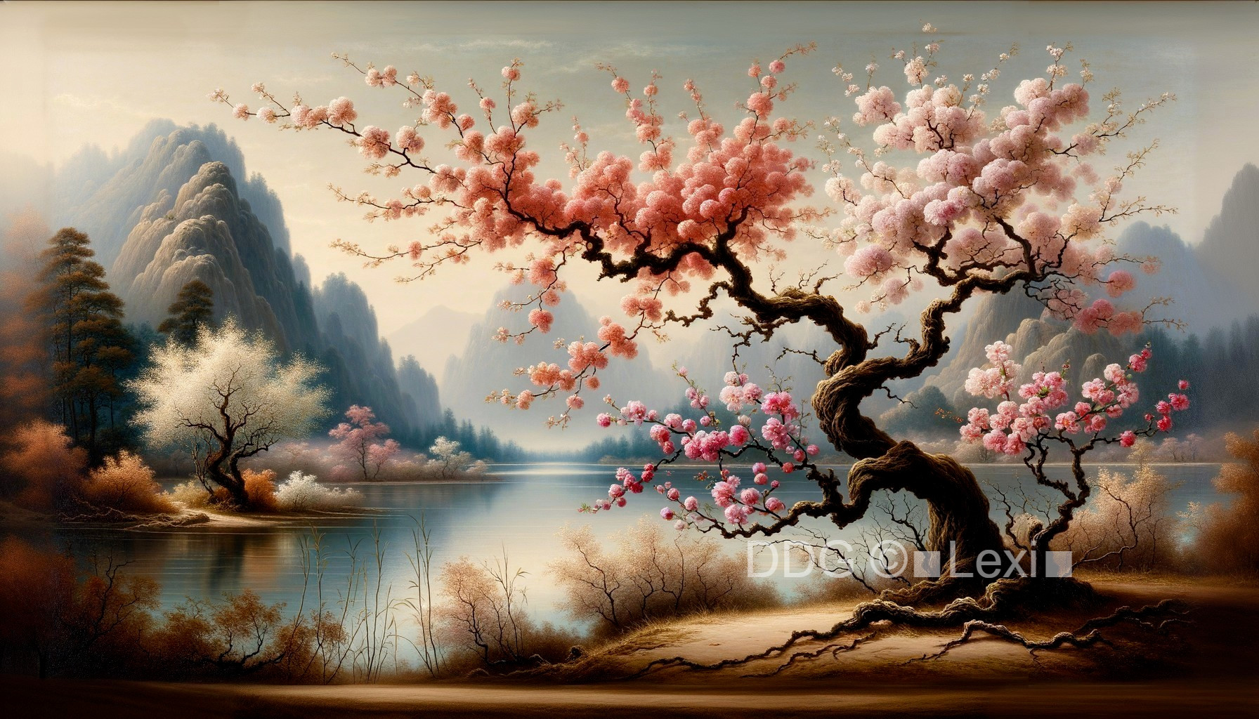 Cherry Blossom Trees and Mountain Landscape Reflection