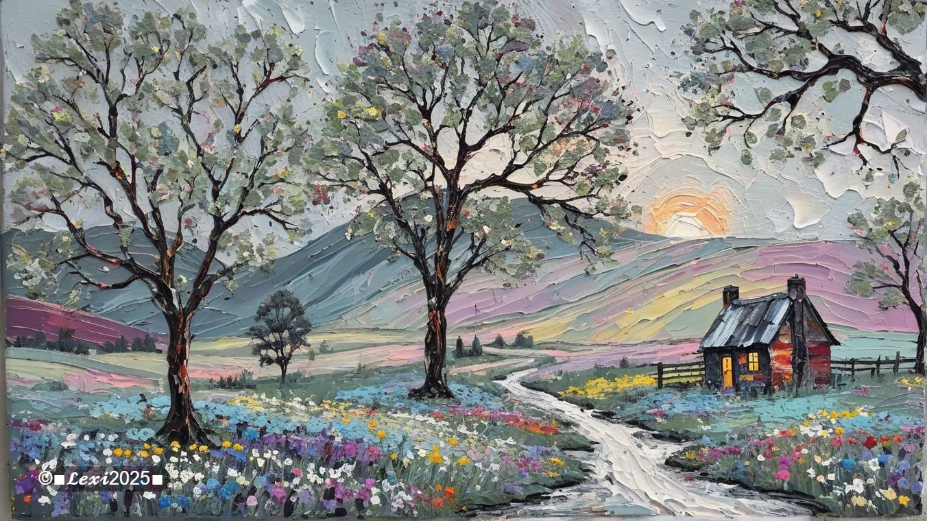 Vibrant Landscape with Cottage and Wildflowers