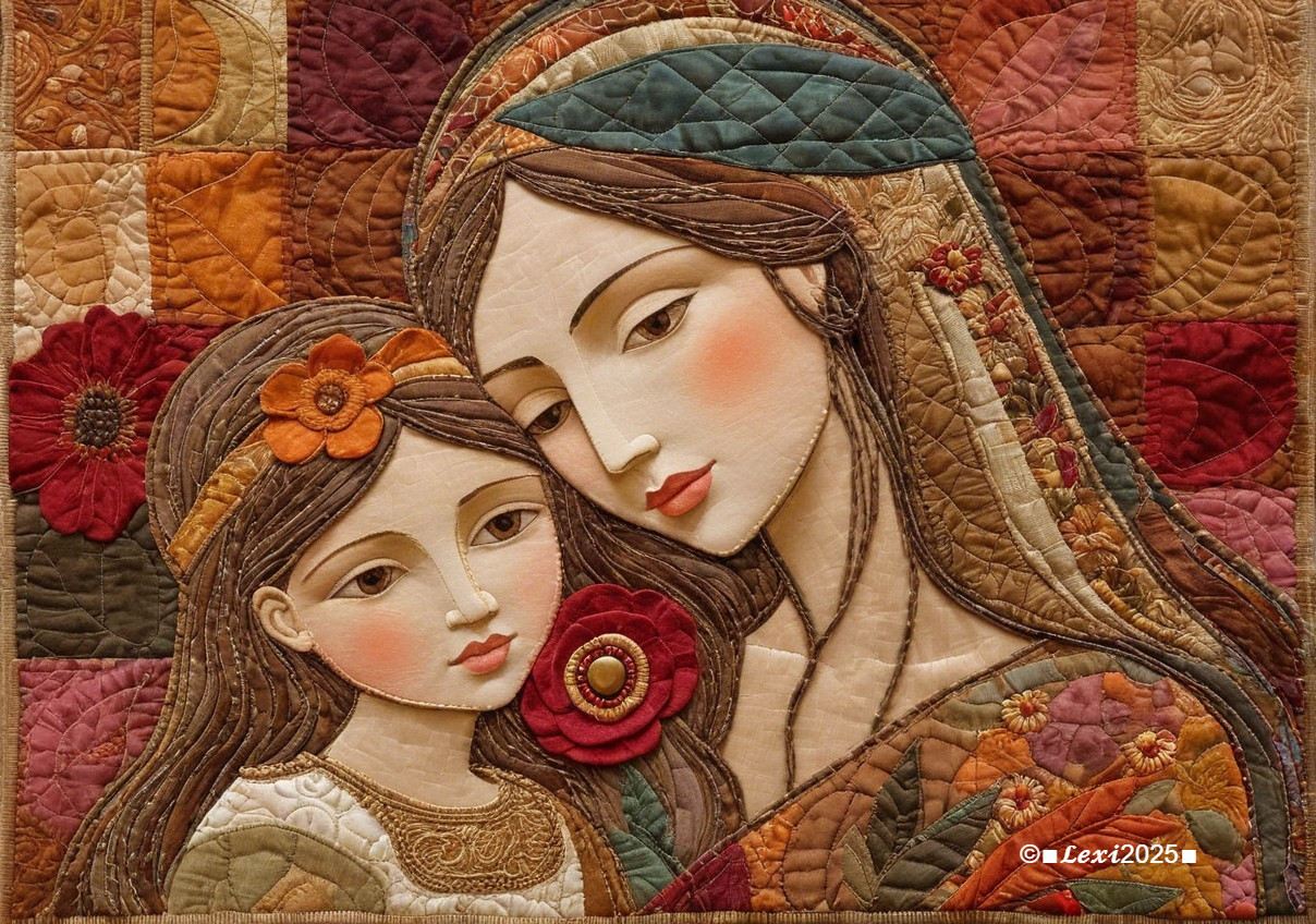 Quilt Depicting Mother and Daughter with Floral Design