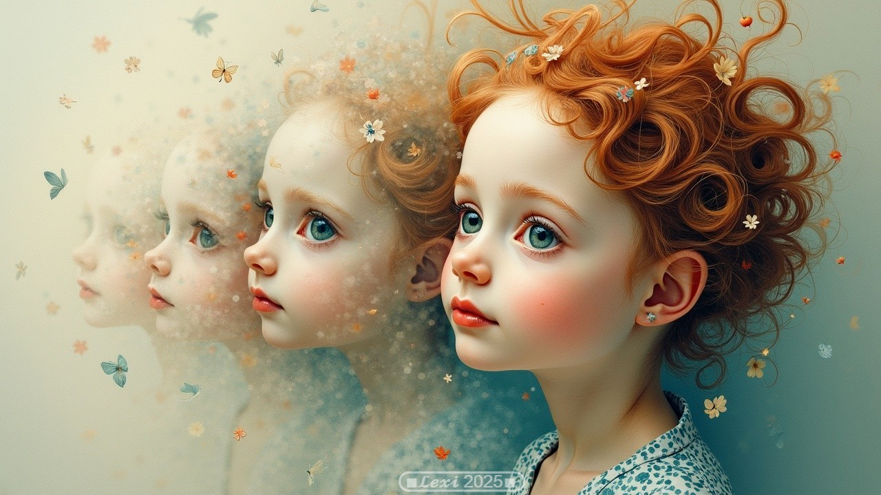 Whimsical Portrait of a Girl with Red Hair and Butterflies