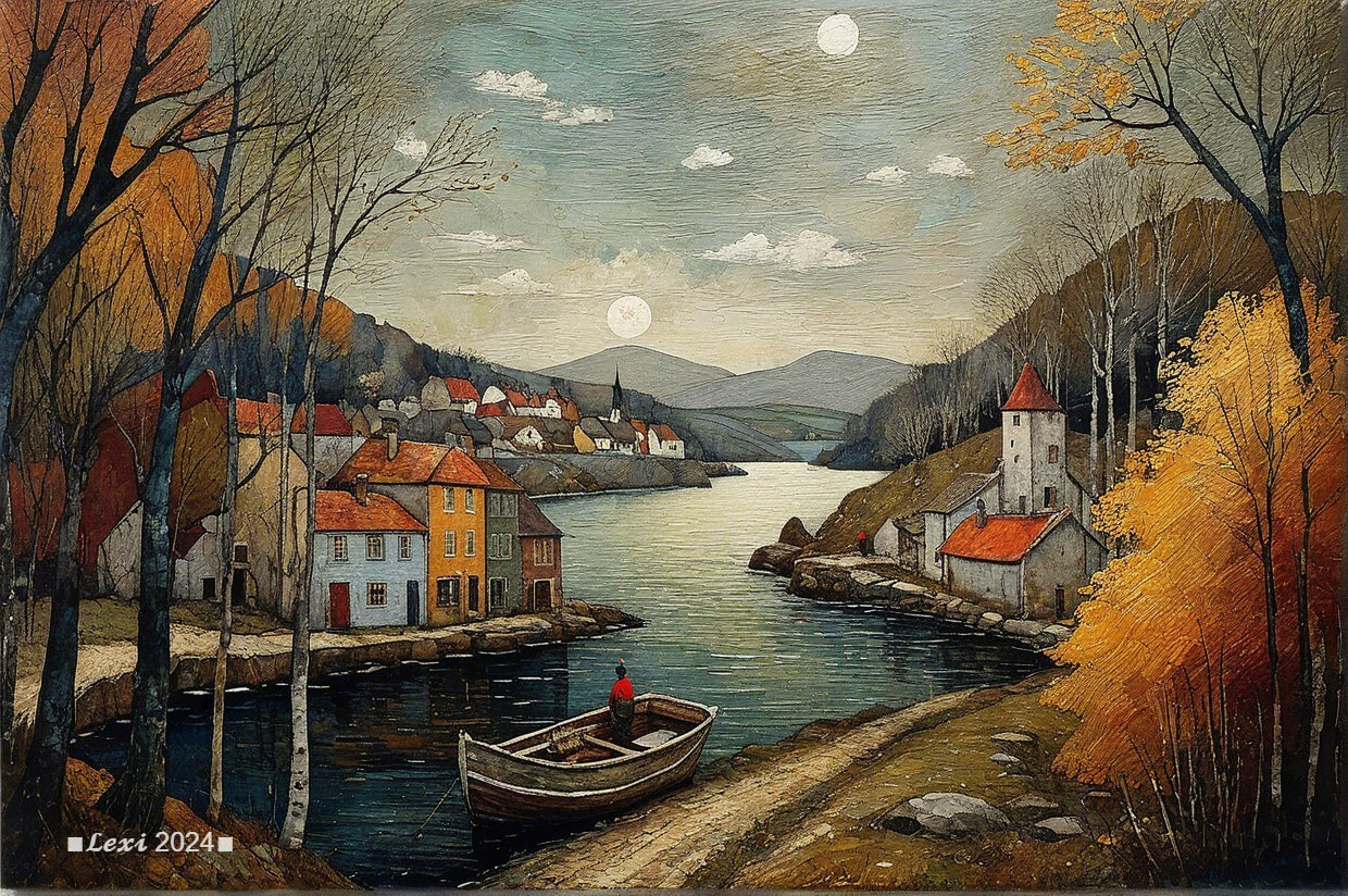 Autumn Landscape with River and Quaint Village Scene