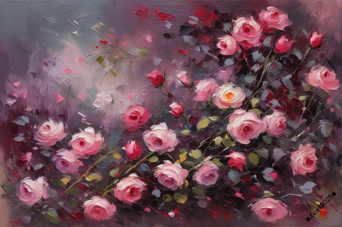 Impasto Painting of Vibrant Pink Roses in Garden