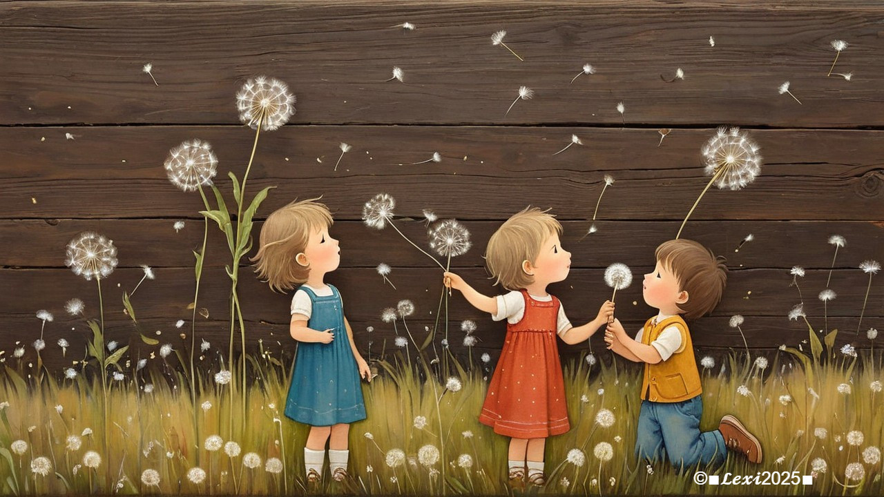 Children Playing with Dandelions in a Grassy Field
