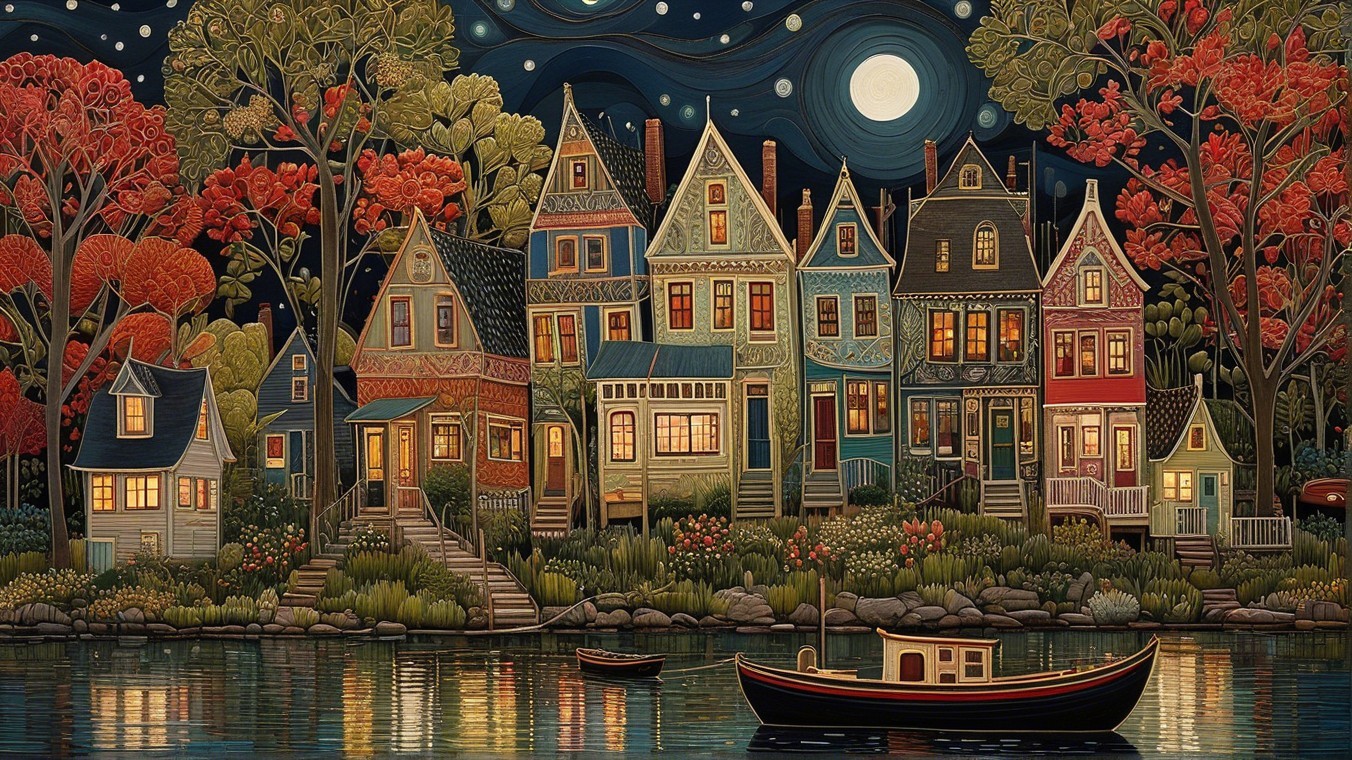 Charming Waterfront Scene with Colorful Houses and Moonlight