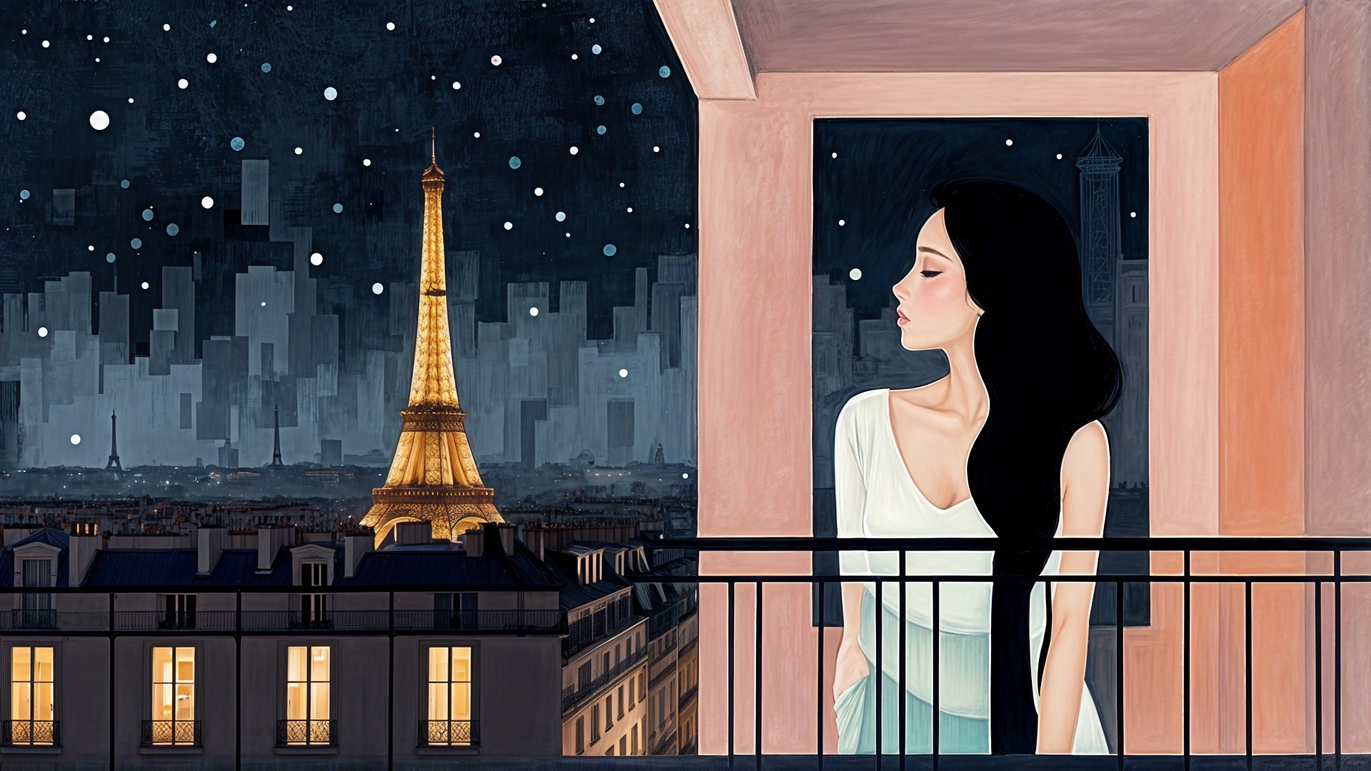 Woman on Balcony Overlooking Paris Skyline at Night