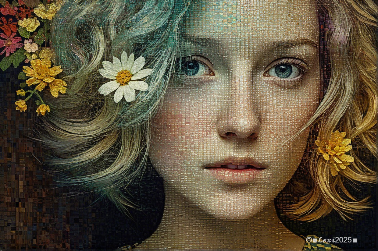 Mosaic Portrait of Young Woman with Floral Accents