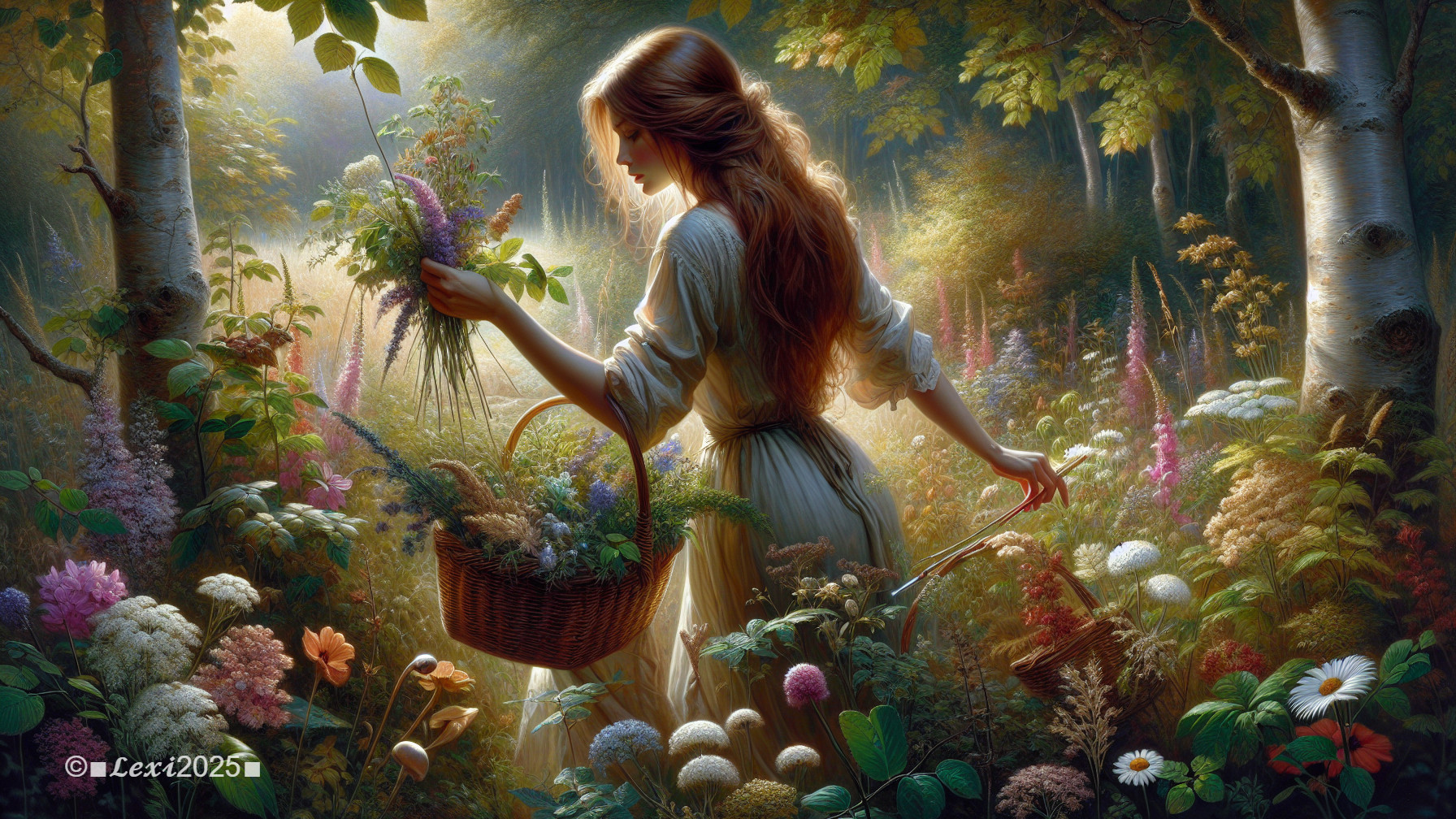 Woman in White Gown Collecting Flowers in Forest