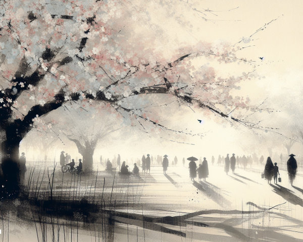 Serene Cherry Blossom Landscape with Silhouetted Figures