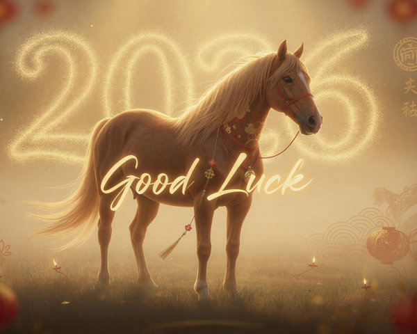 Golden-Brown Horse in Misty Landscape with 2026 Theme