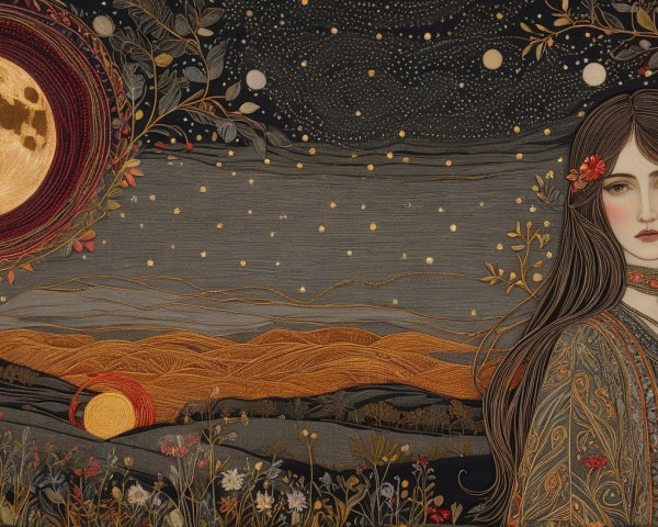 Detailed portrayal of a young woman with flowers and moon
