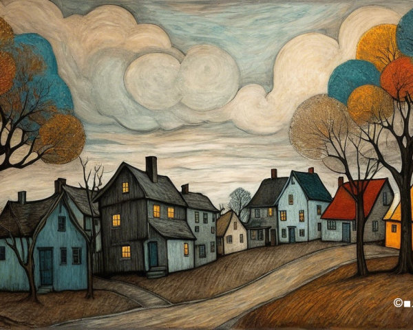 Quaint Village Scene with Stylized Houses and Trees