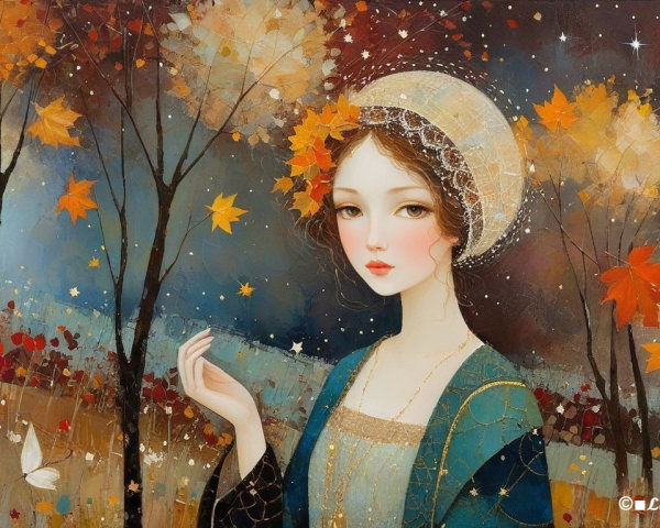 Young Woman in Autumn Landscape with Starry Sky