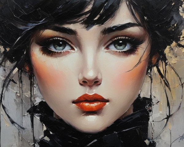 Close-up Portrait of a Woman with Black Hair and Blue Eyes