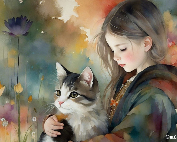 Digital Watercolor of Girl Holding a Tabby Cat