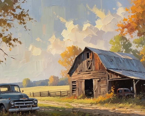 Rustic Barn Surrounded by Autumn Trees and Trucks