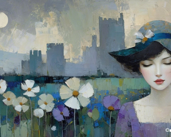 Serene Woman in Hat Surrounded by Vibrant Flowers