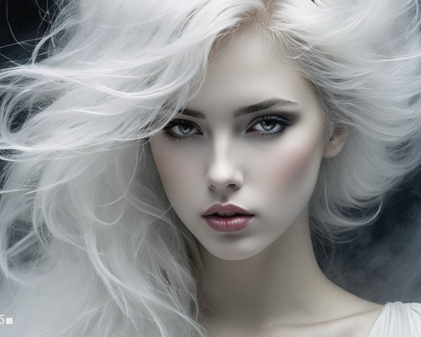 Portrait of a woman with white hair and dark eyes