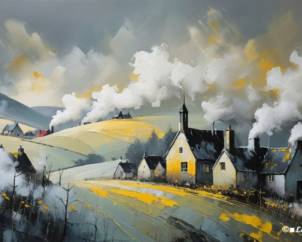 Serene Village Landscape with Rolling Hills and Smoke