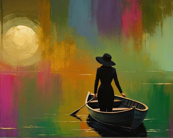 Solitary Rowboat Under Moonlight on Tranquil Lake