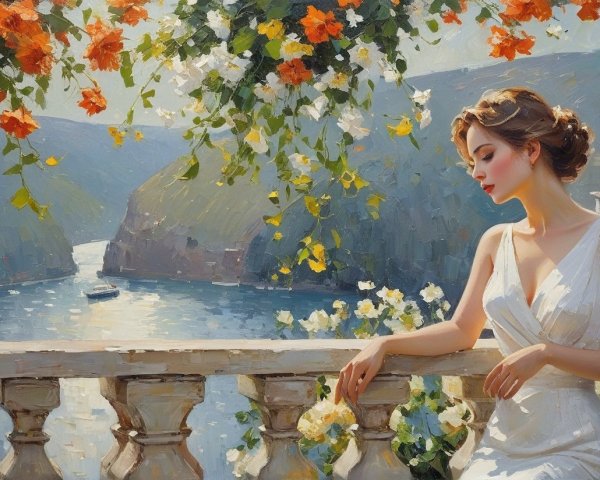 Serene Landscape with a Woman on a Flowered Balcony