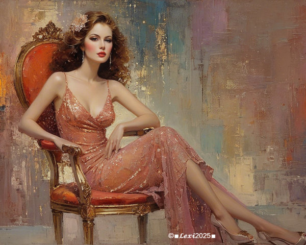 Glamorous Woman in Vintage Chair with Rose-Hued Gown