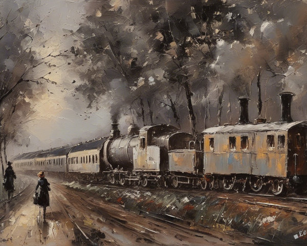 Impressionistic Painting of a Train on a Foggy Day
