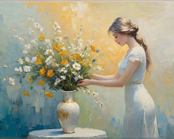 Young Woman Arranging Wildflowers in Golden Vase