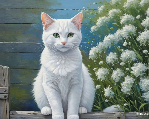 White Cat on Wooden Fence with Flowers and Blue Sky