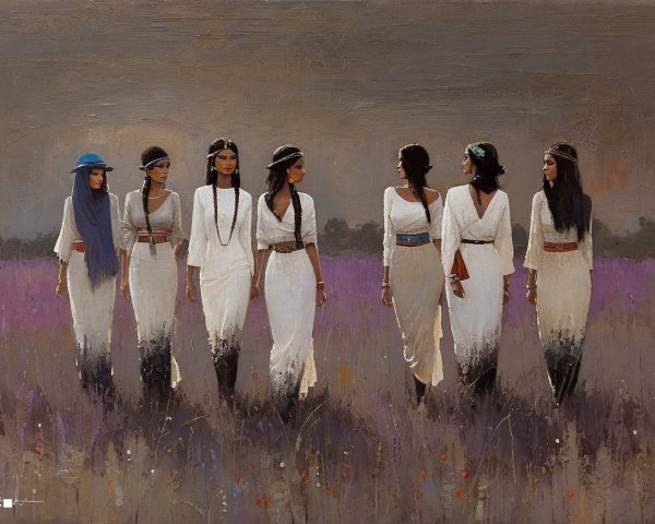 Seven Women in White Garments in Lavender Field