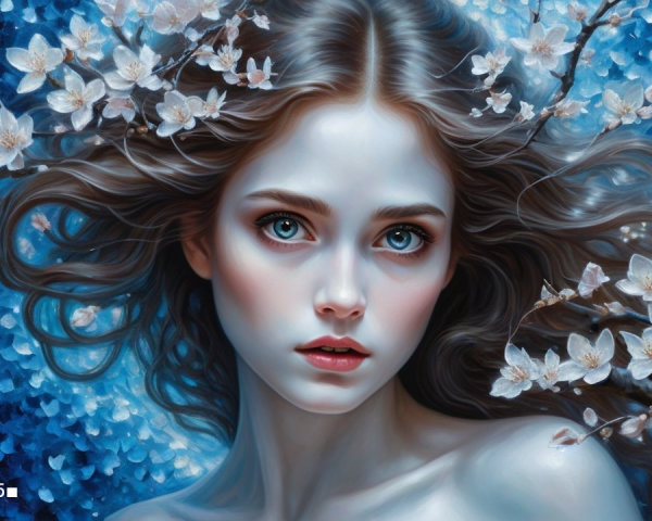 Portrait of a Young Woman with Blue Eyes and Blossoms