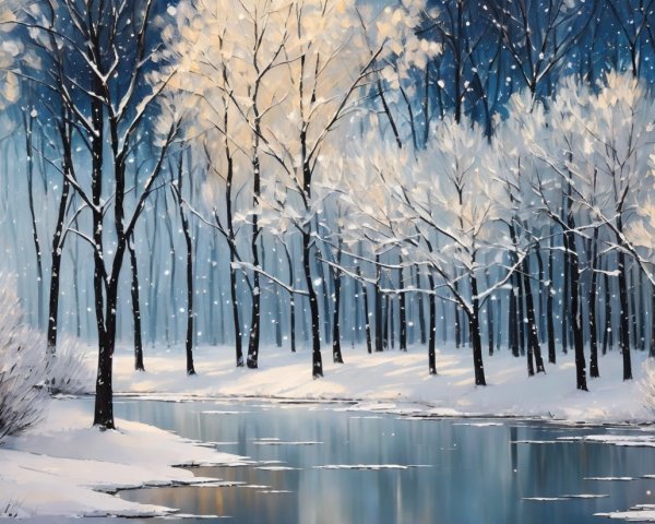 Impressionistic Winter Forest Painting at Dawn