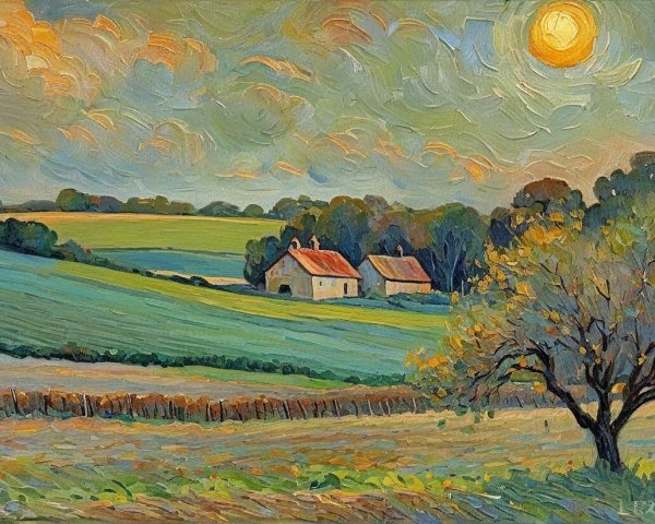 Serene Landscape with Quaint Houses and Vibrant Sky