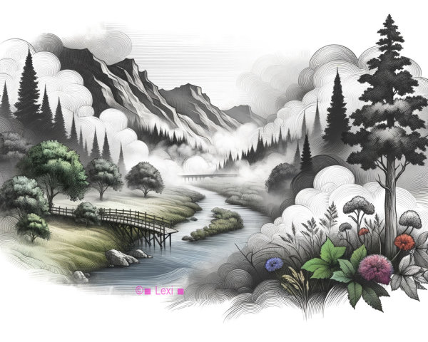 Serene Landscape with Mountains, River, and Bridge