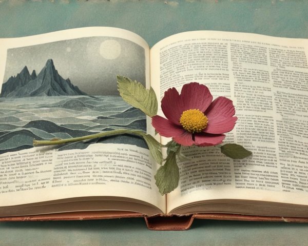 Open book with mountain illustration and pink flower