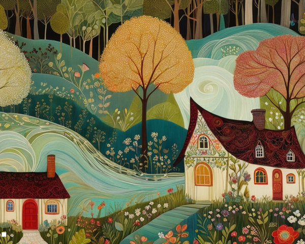 Whimsical Landscape with Cottages and Vibrant Hills