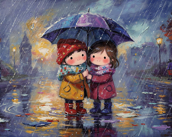 Impressionistic Painting of Children with Umbrella in Rain